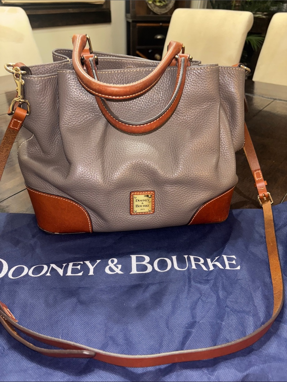 Dooney & Bourke Gray Pebbled Leather Shoulder Bag with Brown Trim